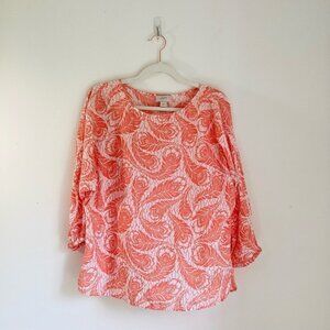 LOFT Coral & White Acanthus Pattern Blouse Medium Cotton Lightweight Roomy Size